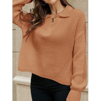 

Drop Shoulder Solid Color Sweater Turn Down Collar Long Sleeve Sweater, Orange