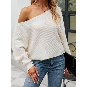 

Textured Sweater Plain Color Skew Neck Long Sleeve Pullover Sweater, White