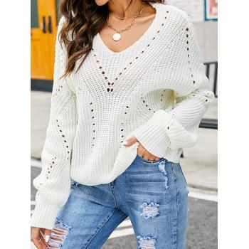 

Plain Color Sweater Textured Sweater Hollow Out Long Sleeve V Neck Pullover Sweater, White