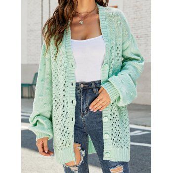 

Crochet Sweater Swiss Dot Hollow Out Full Sleeve Button Up Long Swearer, Green