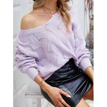

Drop Shoulder Solid Color Sweater Ribbed Hem V Neck Pullover Sweater, Light purple