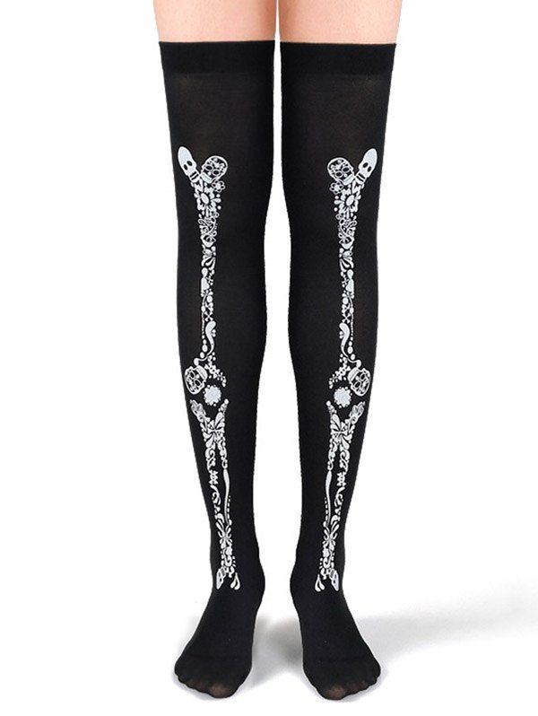 Flower Skull Skeleton Print Thigh High Socks - BLACK 1 PAIR