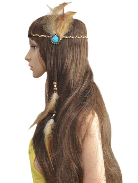 Bandeau Tressé pour Cheveux Orné de Plumes et Turquoises Fantaisies Style Ethnique Bohémien - multicolor A 