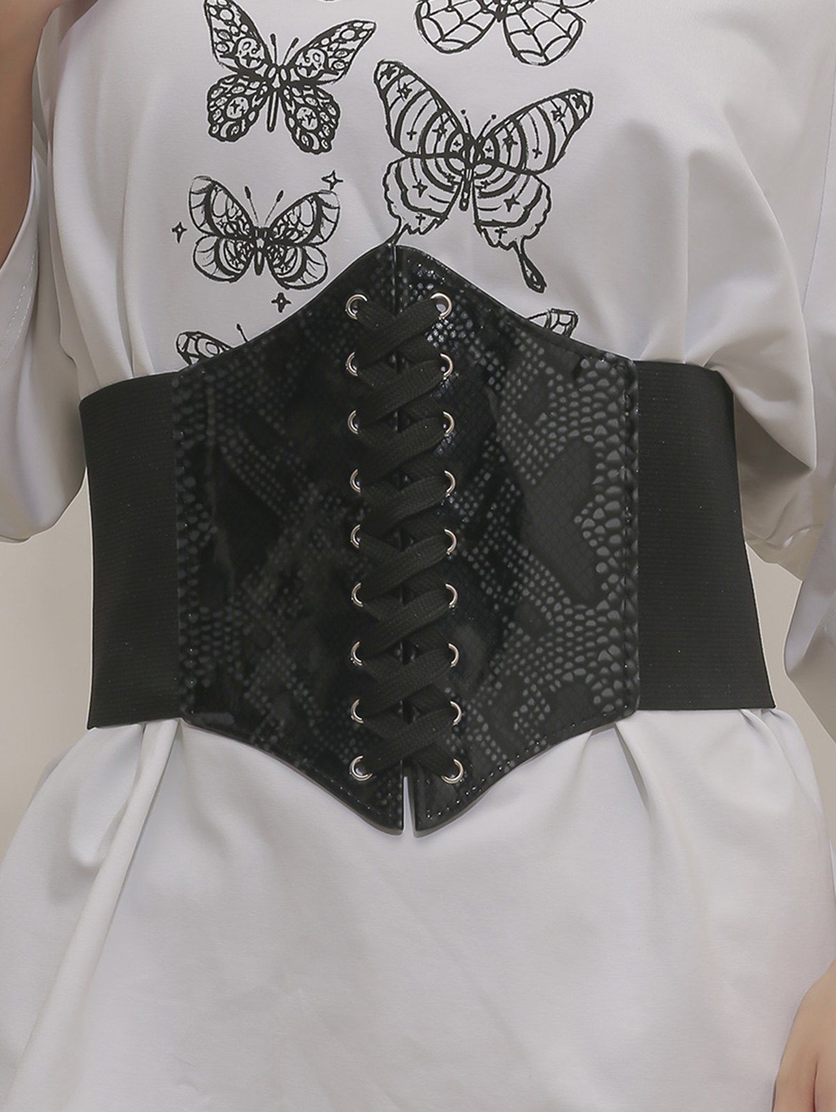 Ceinture en PU Décorative de T-shirt Robe Chemise Elastique Imprimé à Taille Large à Lacets - Noir 