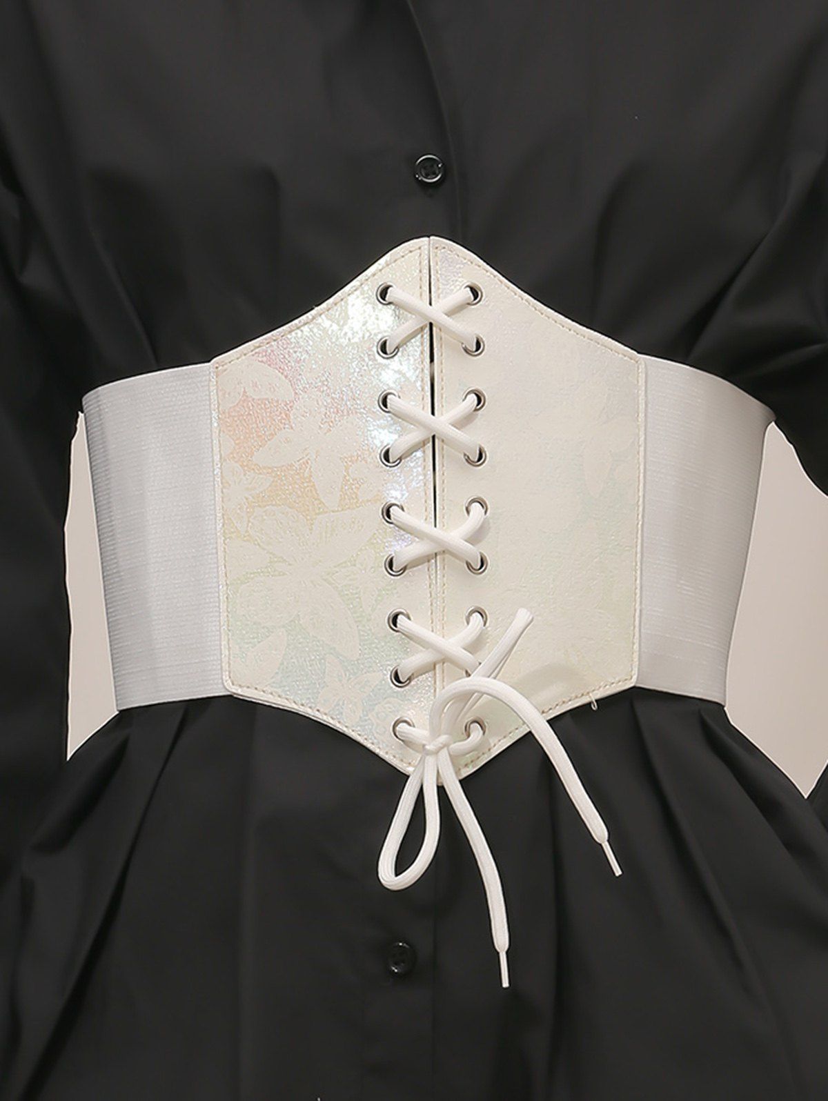 Ceinture Elastique à Imprimé Papillon à Lacets en PU Pour Robe Chemise - Blanc 