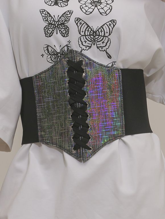 Ceinture de Taille Large en Cuir PU avec Lacets à Imprimé Psychédélique Pour Robe Chemise T-shirt - Noir 