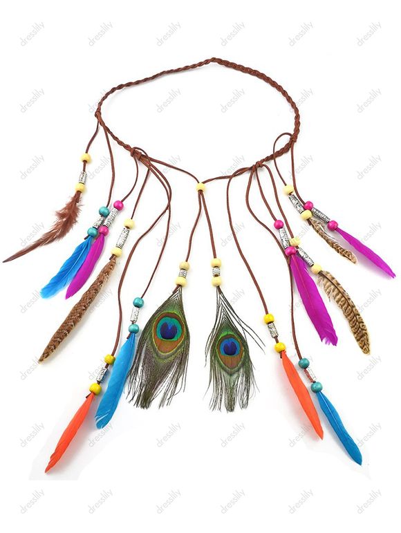 Bandeau Ethnique Bohème de Paon Perlé Coloré à Fausse Plume - multicolor A 