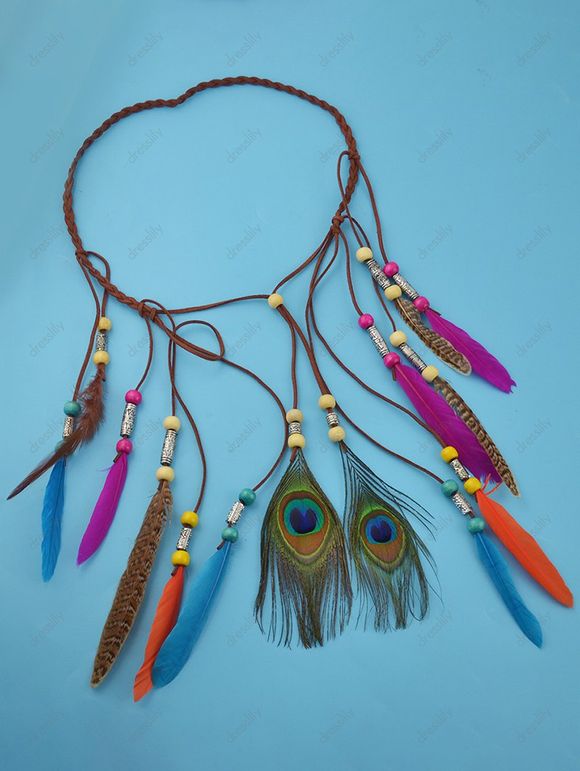 Bandeau Ethnique Bohème de Paon Perlé Coloré à Fausse Plume - multicolor A 