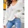 Plain Color Sweater Textured Sweater Hollow Out Long Sleeve V Neck Pullover Sweater - WHITE XL