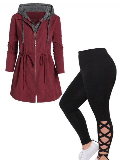 Plus Size Drawstring Waist Long Space Dye Zip Up Hooded Coat And Lace Up Leggings Casual Outfit