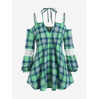 

Plus Size Plaid Cold Shoulder Front Tie Lace Crochet Blouse, Green