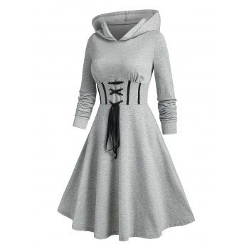 

Corset Waist Lace Up Hoodie Dress, Light gray