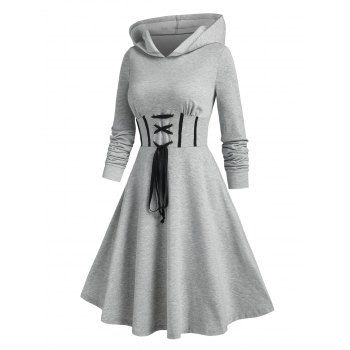 

Corset Waist Lace Up Hoodie Dress, Light gray