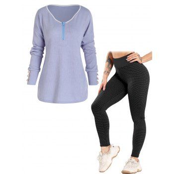 

A Quarter Zip Contrast Mock Button Drop Shoulder Knit Top And Textured Scrunch Butt Leggings Casual Outfit, Multicolor