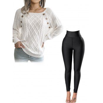

Cable Knit Mock Button Raglan Sleeve Crew Neck Sweater And Topstitching Leggings Casual Fall Outfit, Multicolor