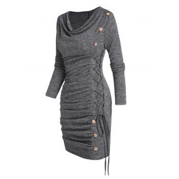

Heather Dress Draped Mock Button Lace Up Long Sleeve Mini Bodycon Dress, Dark gray