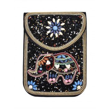 

Ethnic Style Phone Bag Elephant Beaded Straps Rectangle Bohemian Crossbody Bag, Black