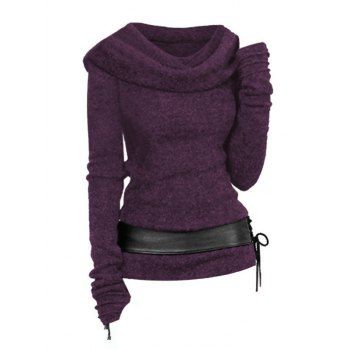 

Hooded Cowl Front Belted Lace Up Sweater, Concord