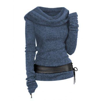 

Hooded Cowl Front Belted Lace Up Sweater, Blue