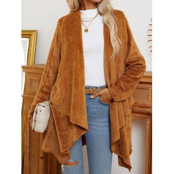 

Fluffy Asymmetric Draped Coat Open Front Solid Color Long Coat, Dark orange