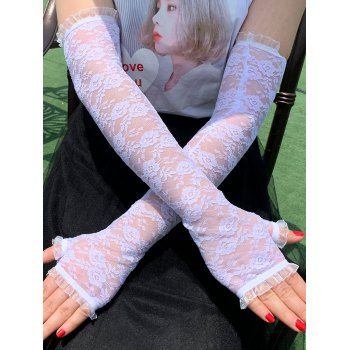 

Flower Sheer Lace Gloves Fingerless Ruffles Long Arm Gloves, White
