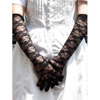

See Thru Floral Lace Full Finger Long Arm Gloves, Black