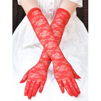 

See Thru Floral Lace Full Finger Long Arm Gloves, Red