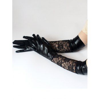 

Sheer Flower Lace Panel PU Long Arm Gloves, Black