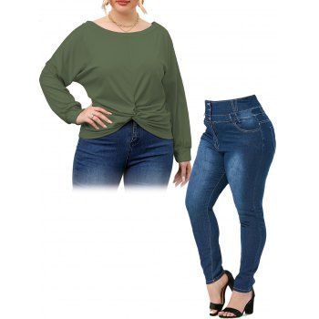 

Plus Size Twisted Scoop Neck Sweatshirt And Zipper Fly Pockets Jeans Casual Outfit, Multicolor