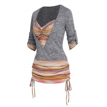 

Colored Striped Print Faux Twinset T Shirt Cinched Mock Button Roll Up Sleeve Longline Tee, Gray