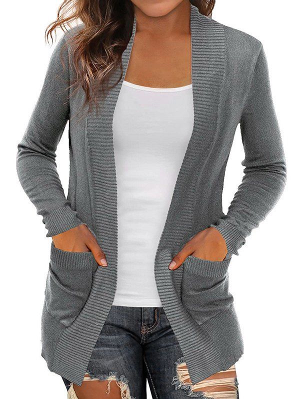 Plain Color Cardigan Open Front Patch Pocket Long Sleeve Casual Cardigan - DARK GRAY M