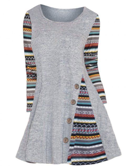 Tribal Pattern Stripe Panel Knit Mini Dress Long Sleeve Mock Button A Line Knitted Dress