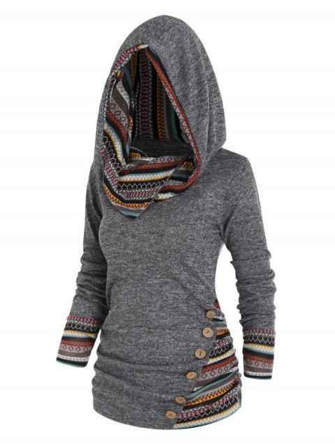 Plus Size Tribal Stripe Ruched Knit Hooded Top Mock Button Long Sleeve Knitted Top