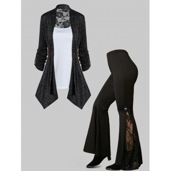 

Rose Lace Insert Heathered Asymmetric Top Cami Top And Embroidery Applique Flare Pants Casual Outfit, Black