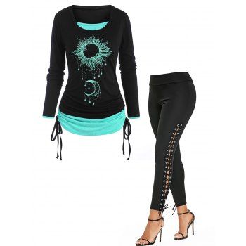 

Sun Moon Print Cinched Ruched Long Sleeves 2 in 1 T Shirt And Lace Up Skinny Pants Casual Outfit, Black