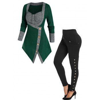 

Ribbed Mock Button Knotted Asymmetrical Knitwear And Pocket Snap Button Leggings Casual Outfit, Multicolor