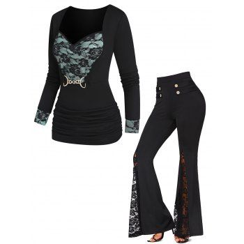 

Floral Lace Colorblock D Ring Chain Sweetheart Neck T Shirt And Bell Bottom Pants Casual Outfit, Black