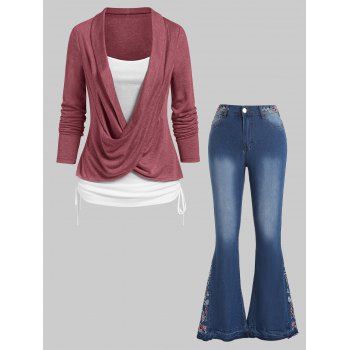 

Crossover Heathered Ruched Cinched Faux Twinset T Shirt And Embroidery Flower Pockets Flare Jeans Outfit, Multicolor