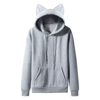 

Cute Fleece Lining Hoodie With Cat Ear Pure Color Kangaroo Pocket Drawstring Hoodie, Gray