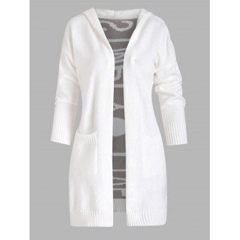 

Letter Heart Print Sweater Cardigan Hooded Cardigan Patch Pocket Long Sleeve Cardigan, White