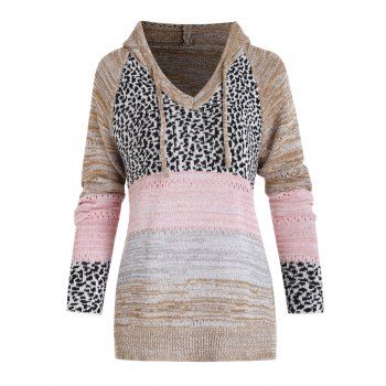 

Contrast Colorblock Hooded Sweater Cow Pattern V Neck Drawstring Long Sleeve Sweater, Multicolor