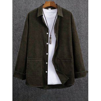 

Stitching Front Pocket Patches Shirt Button Up Long Sleeve Casual Shirt, Deep green