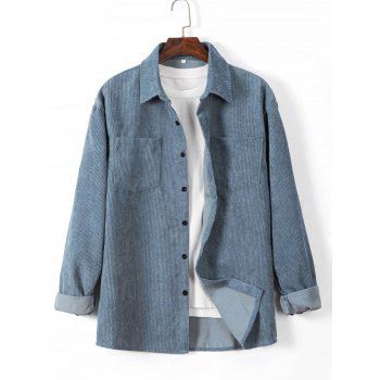 

Plain Color Corduroy Shirt Pocket Patches Long Sleeve Button Up Shirt, Blue