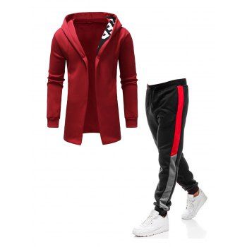 

Heather Letter Print Hooded Coat And Contrast Patchwork Drawstring Waist Sport Jogger Sweatpants Outfit, Red
