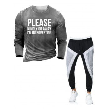 

Letter Slogan Print Long Sleeve T-shirt And Contrast Patchwork Drawstring Jogger Sweatpants Outfit, Gray