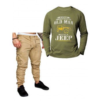 

Letter Jeep Graphic Print Cotton Long Sleeve T-shirt And Drawstring Waist Pockets Cargo Pants Outfit, Green