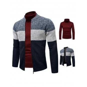 

Colorblock Fleece Lining Knit Zip Up Jacket And Flocking Inner Turtleneck Plain Color Long Sleeve T-shirt Outfit, Multicolor