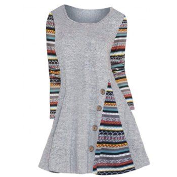 

Tribal Pattern Stripe Panel Knit Mini Dress Long Sleeve Mock Button A Line Knitted Dress, Light gray