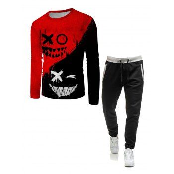 

Two Tone Devil Smiling Face Print Long Sleeve T Shirt And Drawstring Elastic Waist Sport Jogger Sweatpants Outfit, Multicolor