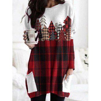 

Christmas Tree Print Dress Plaid Print Panel Patch Pocket Long Sleeve Shift Mini Dress, Red